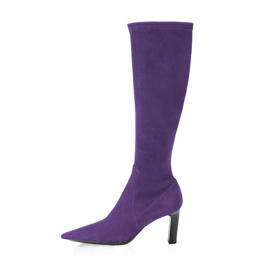 Purple Vegan Suede Pointed Toe Chunky Heel Knee High Boots for Women