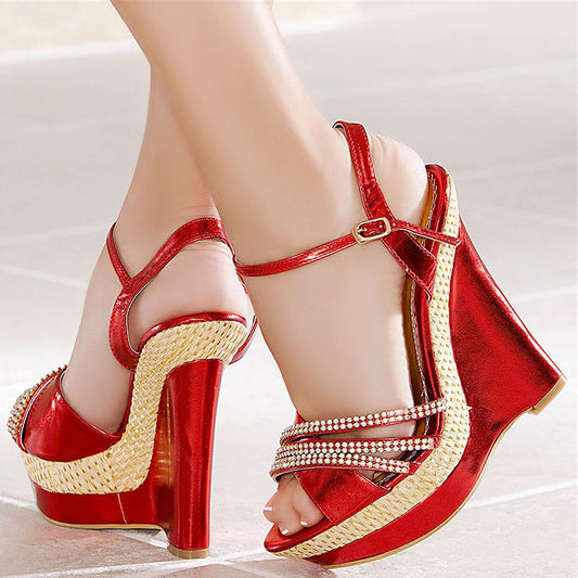 Red Platform Sandals Peep Toe Rhinestone Party Woven Wedge Heels