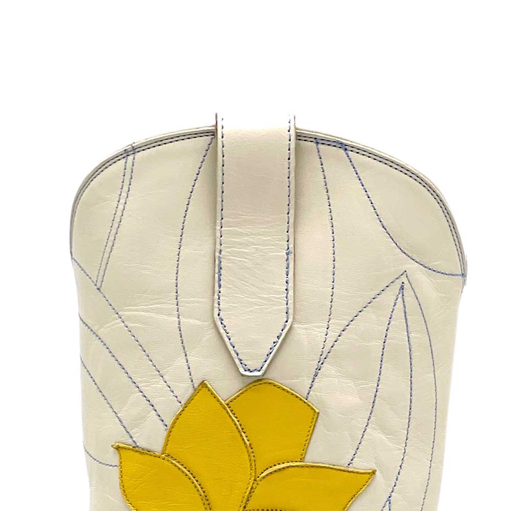 Beige Pointed Toe Yellow Floral Stitching Chunky Heel Knee High Boots