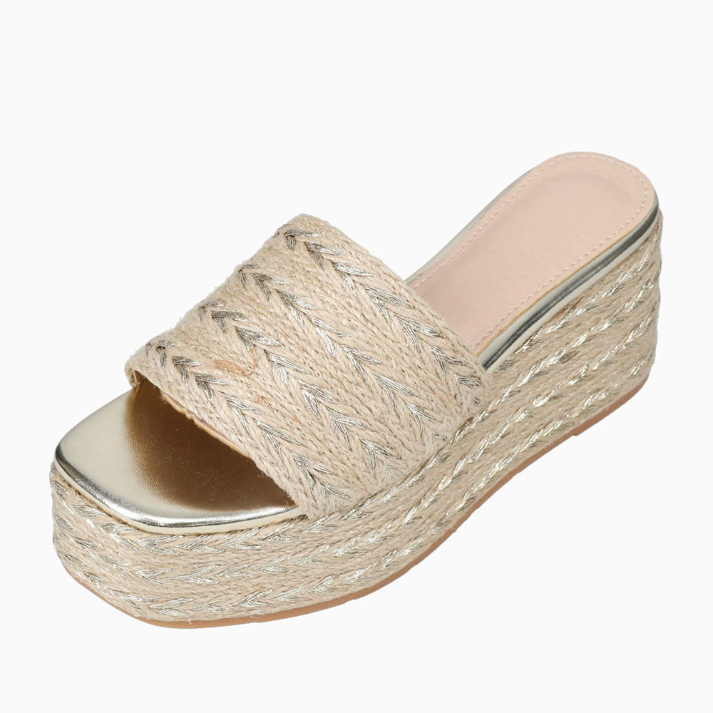 Beige & Gold Metallic Square Toe Platform Wedge Heel Mules Sandals