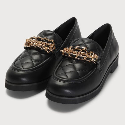 Classic Black Round Toe Low Block Heel Chain Buckle Women's Loafers