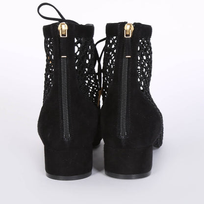 Black Nets Lace Up Summer Booties Block Heel Ankle Boots