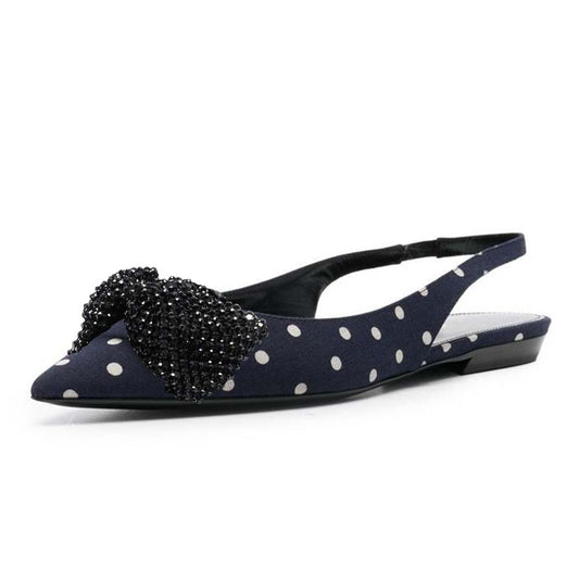 Black And White Polka Dot Mules With Slingback Rhinsetone Bow Flats