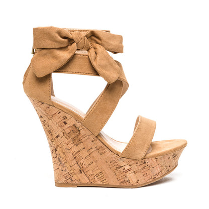 Khaki Vegan Suede Bowknot Platform Strappy Sandals with Wedges