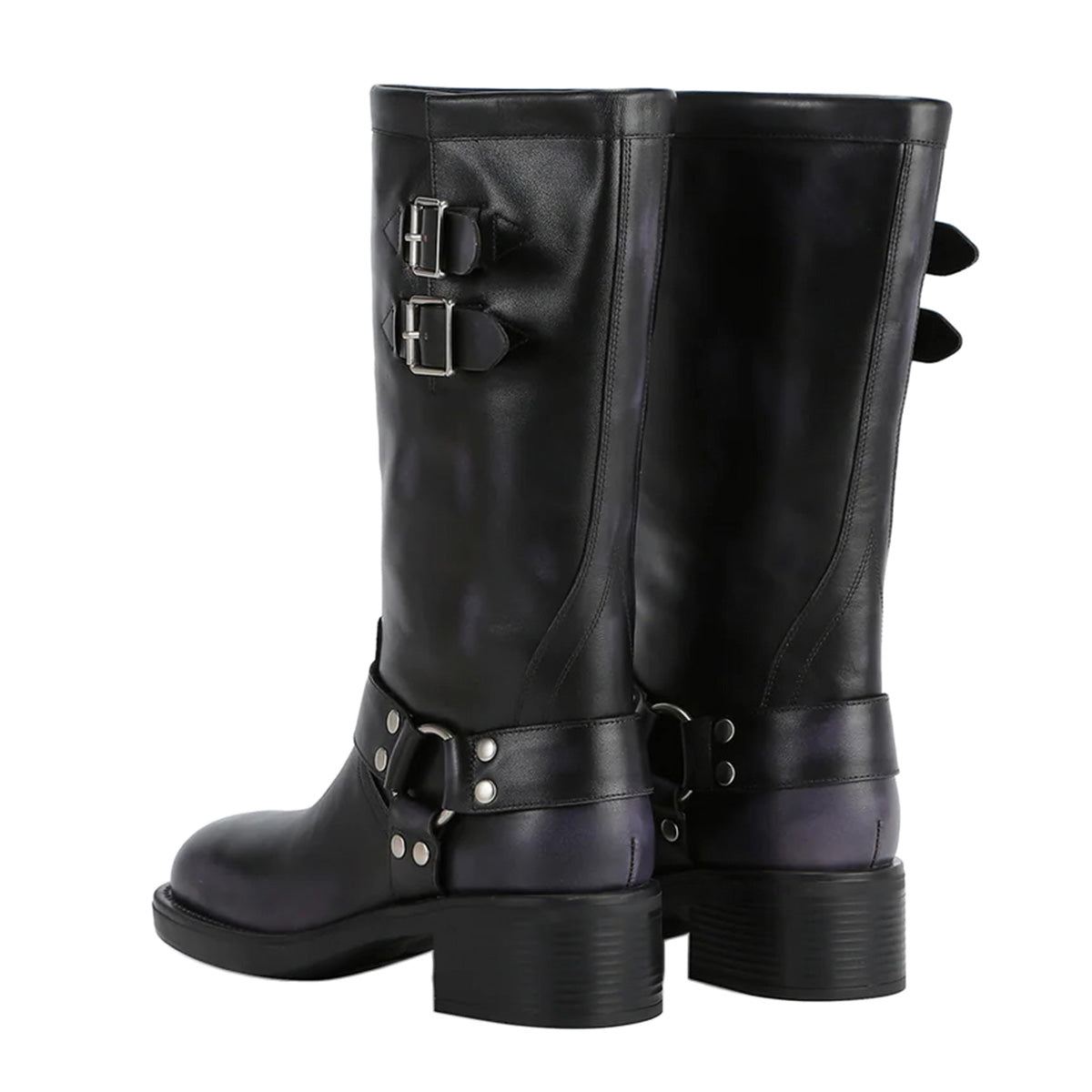 Black Buckle Strappy Square Toe Block Heel Mid Calf Boots for Women