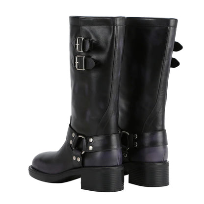 Black Buckle Strappy Square Toe Block Heel Mid Calf Boots for Women