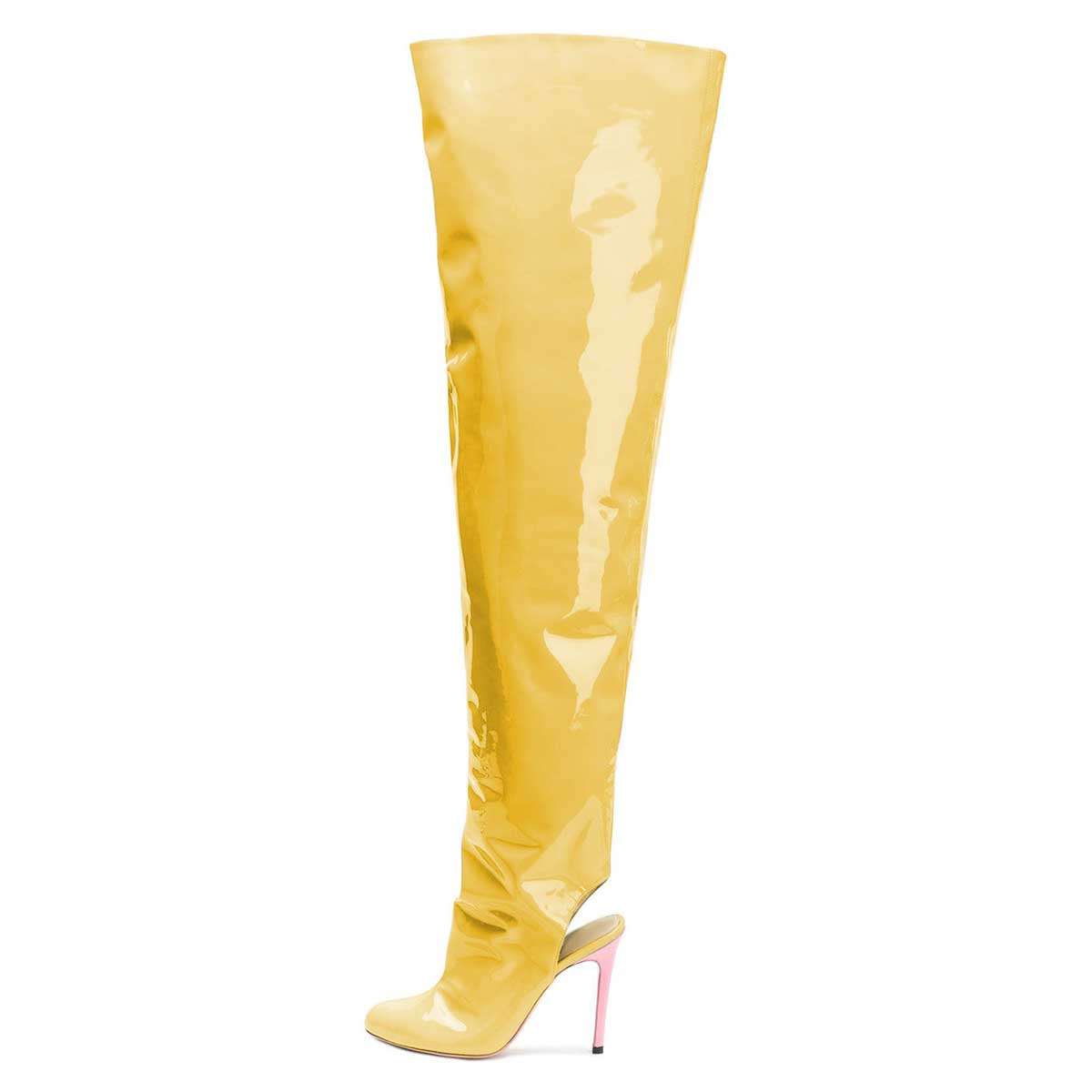 Yellow Patent Leather Slingback Stiletto Heel Over-the-Knee Boots