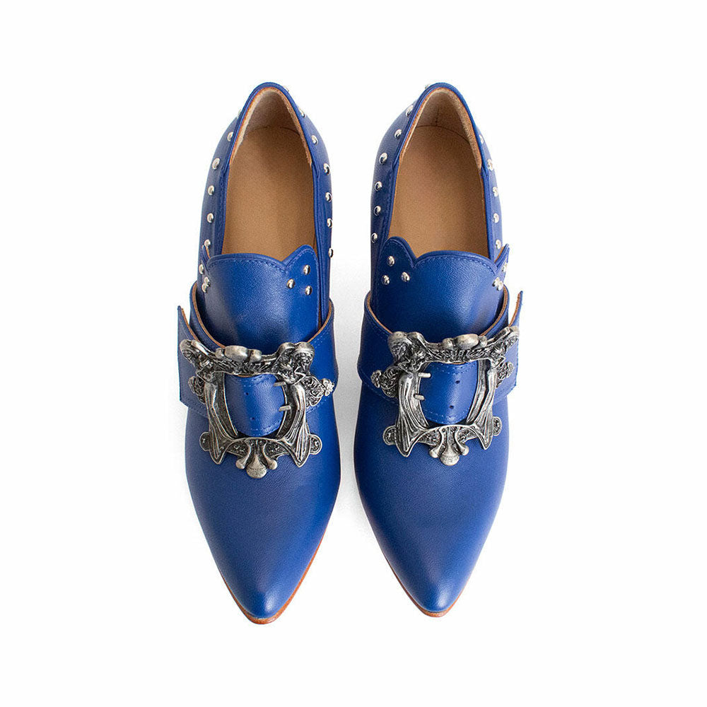Blue Curved-Edged Pointed Toe Buckle Heeled Loafers with Studs