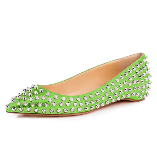 Green Lizard Embossed Pointed Toe Fashion Flats with Rivets