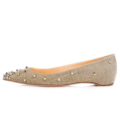 Champagne Pointed Toe Rivets Embellished Casual Flats for Women
