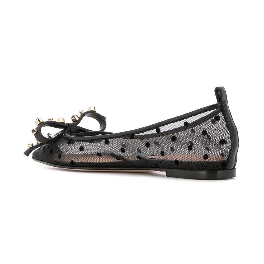 Black Mesh Polka Dots Bow Stud Comfortable Flats