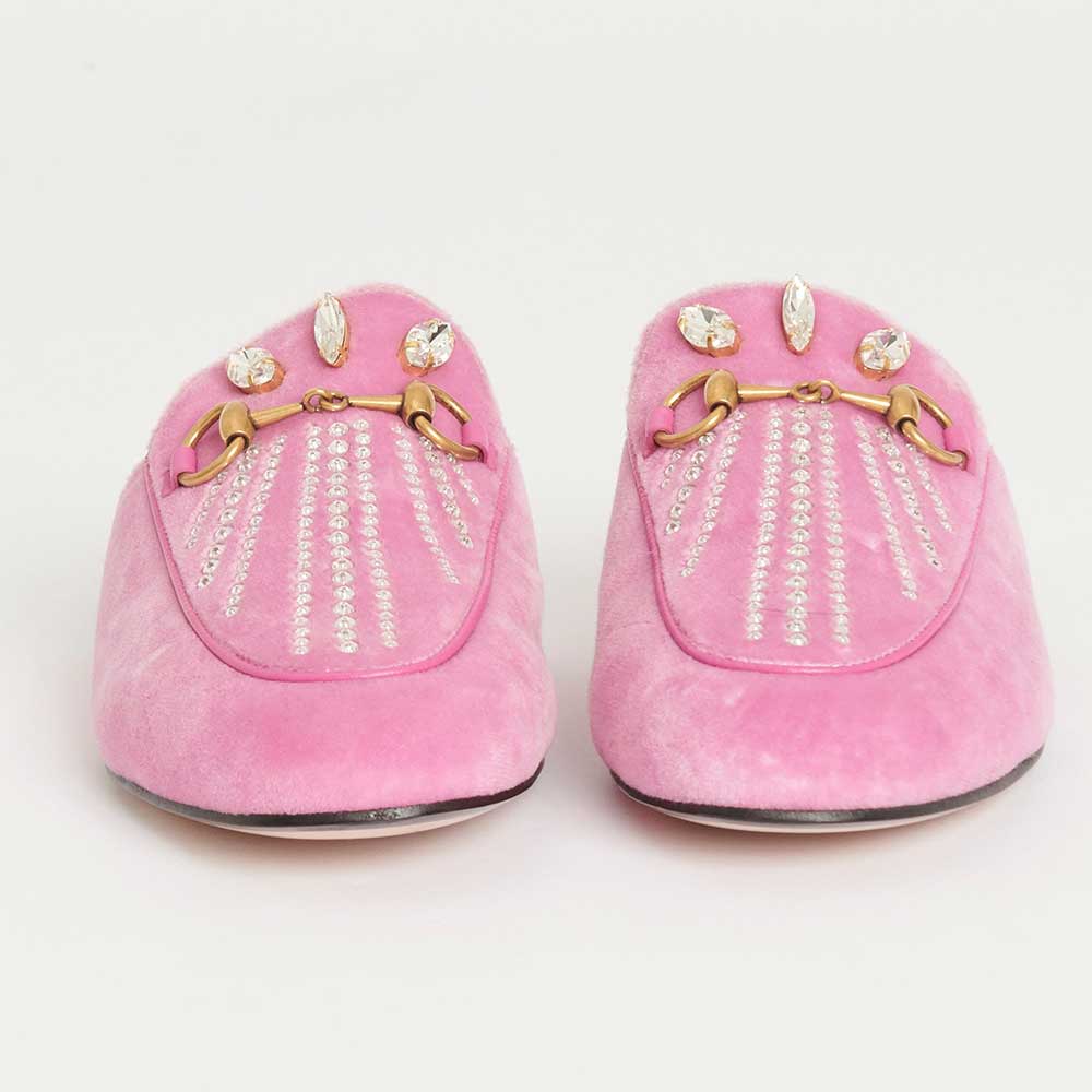 Pink Velvet Crystal Embellished Mule Loafers with Gold Hardware Decor