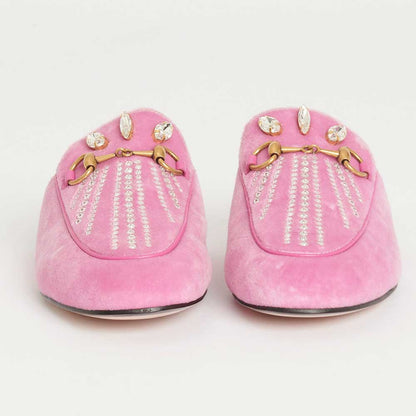 Pink Velvet Crystal Embellished Mule Loafers with Gold Hardware Decor