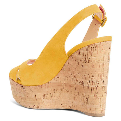 Yellow Vegan Suede Platform Wedge Heels Slingback Sandals