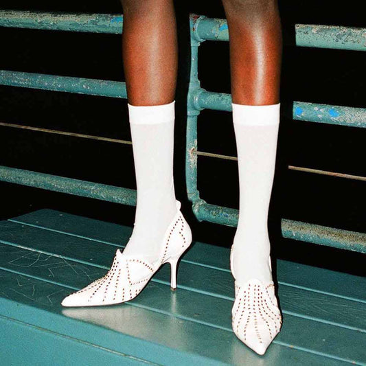 Women's Pointed Toe Gold Studded Stiletto Heels D'Orsay White Pumps