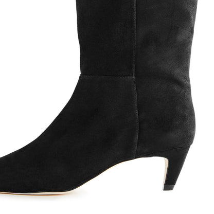 Black Vegan Suede Square Toe Kitten Heel Knee High Boots for Women