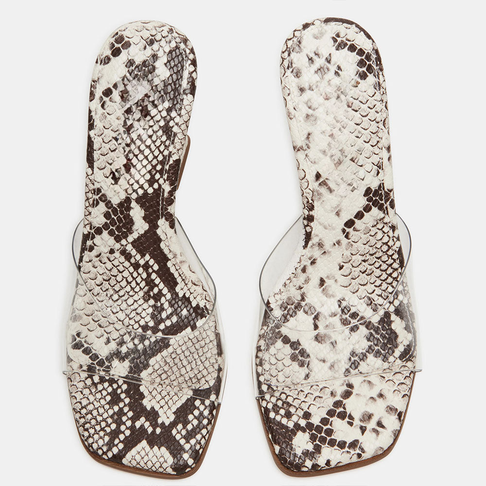 Beige & Gray Square Toe Python Embossed Mules Sandals with Wedge Heel