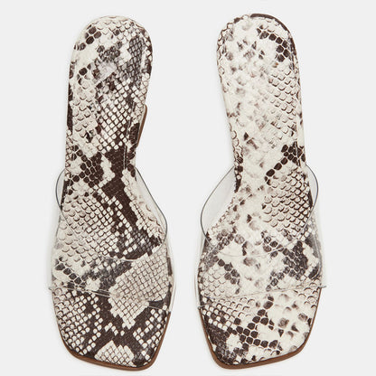 Beige & Gray Square Toe Python Embossed Mules Sandals with Wedge Heel