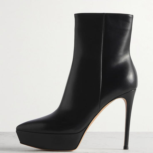 Black Vegan Leather Closed Toe Stiletto Heel Platform Ankle Boots