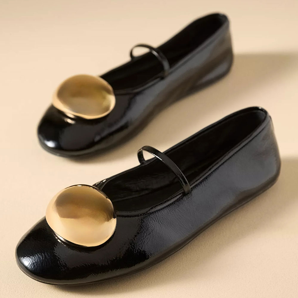 FSJ Comfortable Black Round Toe Gold Oval Ornament Ballet Flats