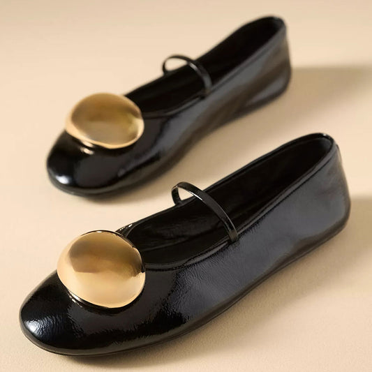 FSJ Comfortable Black Round Toe Gold Oval Ornament Ballet Flats