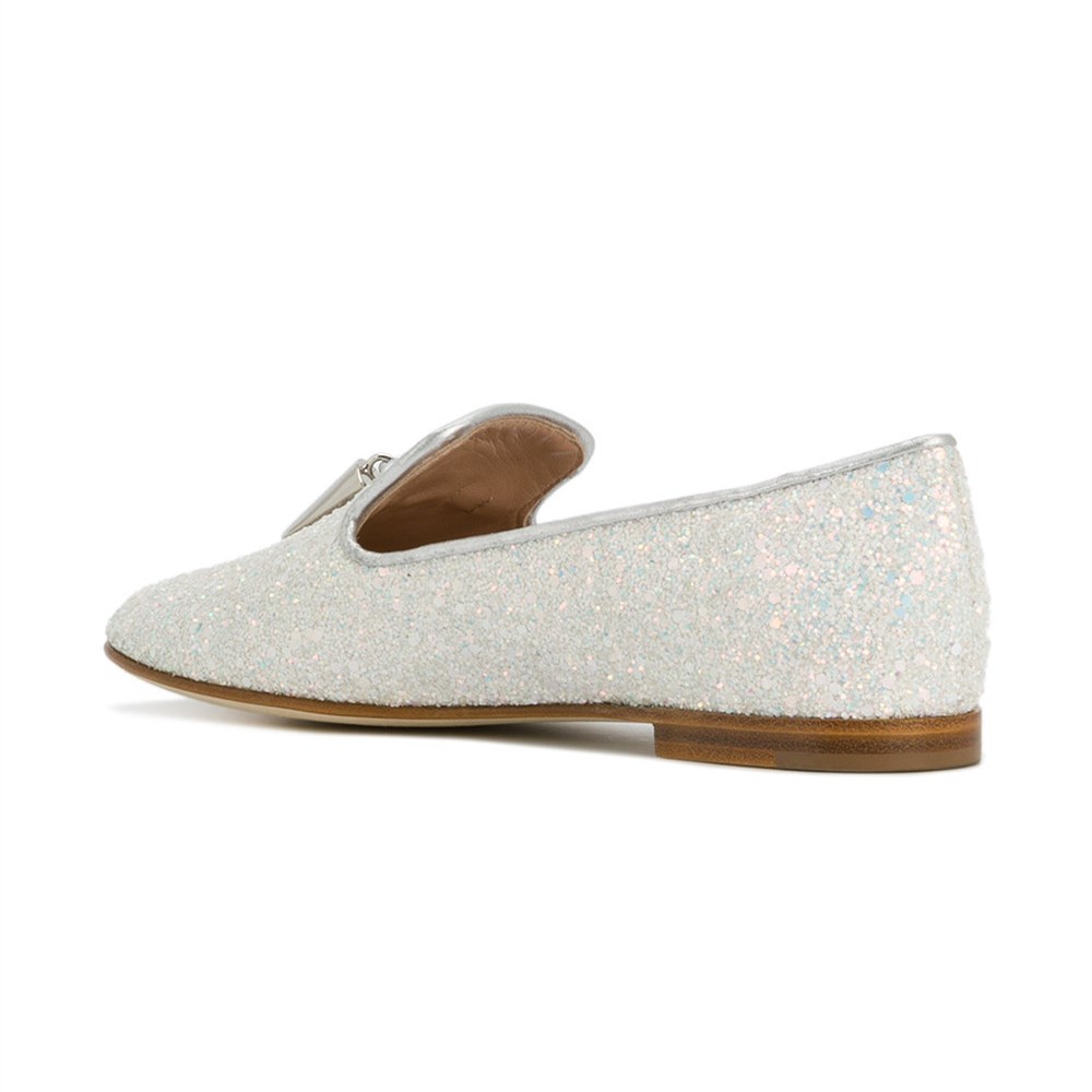 White Round Toe Comfortable Flats Glitter Loafers for Women