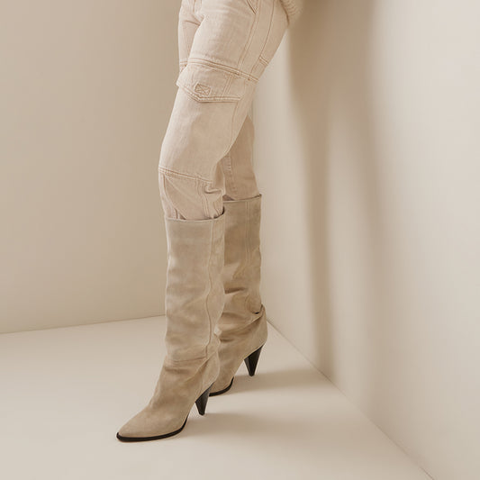 Women's Beige Vegan Suede Pointed Toe Knee High Boots with Cone Heel