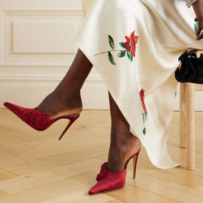 Women's Red Satin Pointed Toe Floral Embellished High Heel Mules