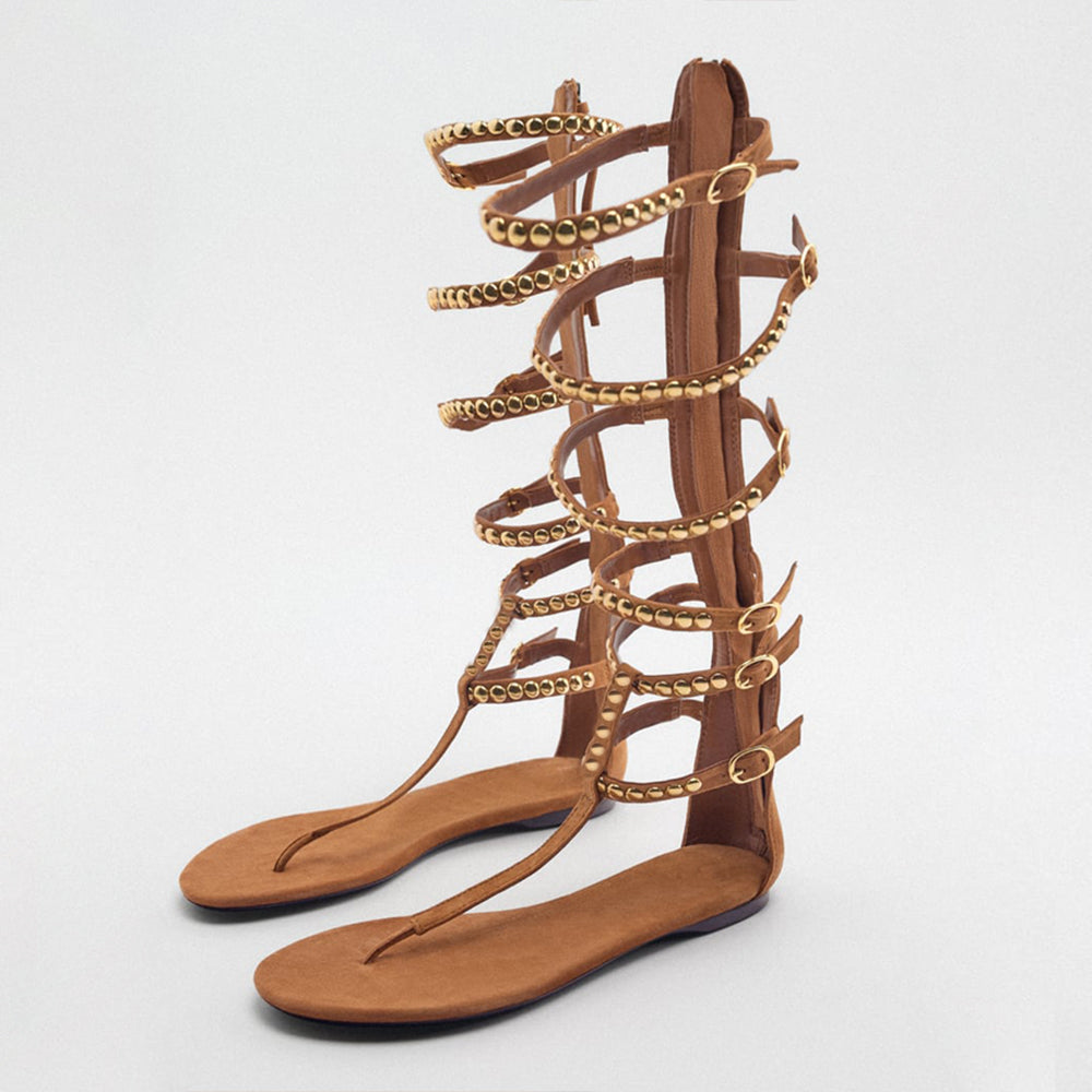 Brown Pointed Toe Strappy Sandals With Rivet Buckles Flats Gladiator Sandals