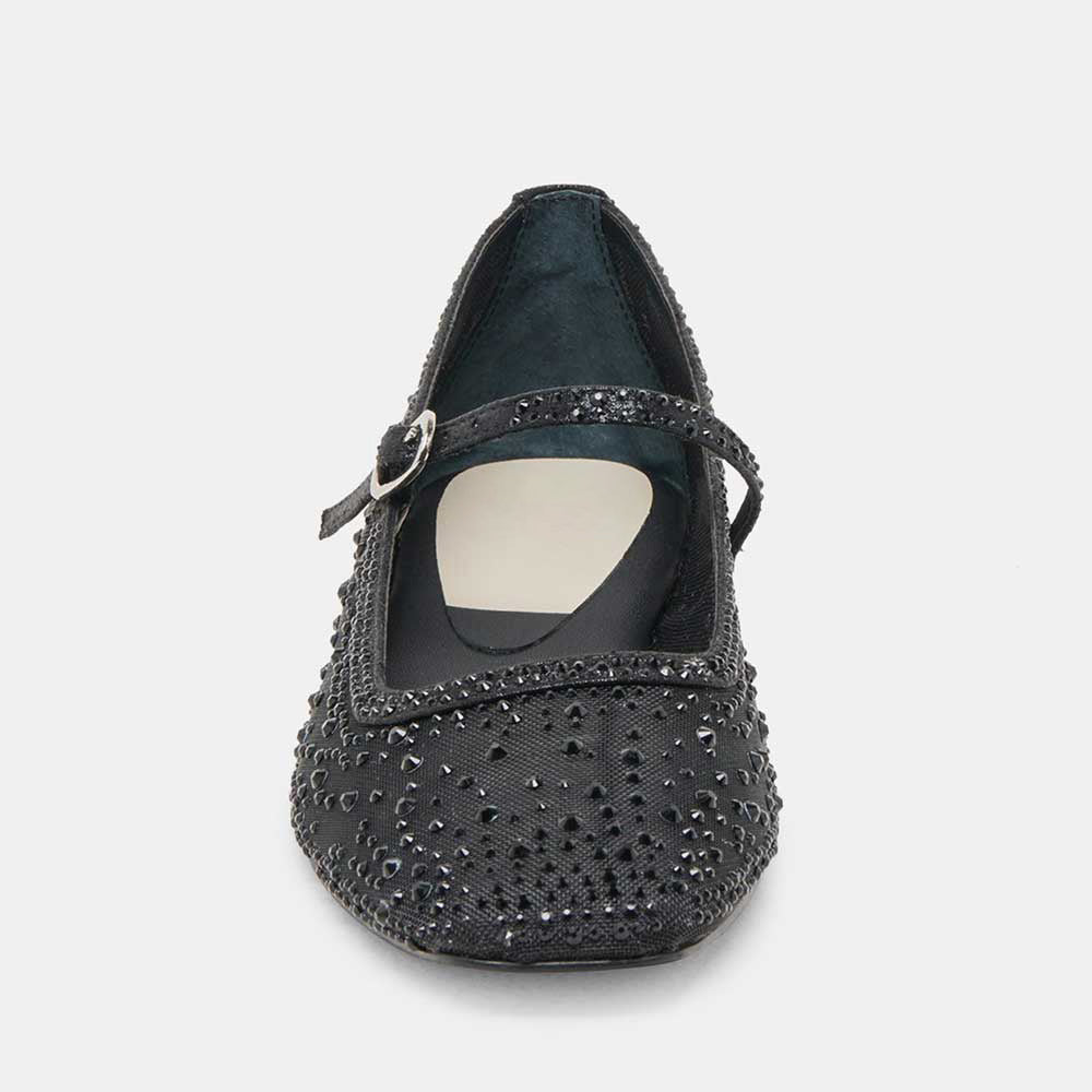 Black All-Over Rhinestone Square Toe Buckle Strap Mesh Flats