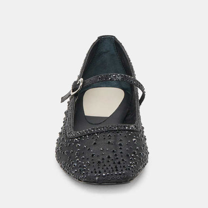 Black All-Over Rhinestone Square Toe Buckle Strap Mesh Flats