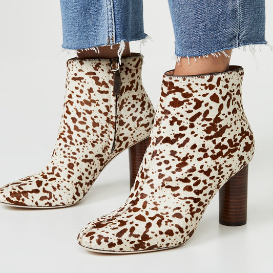 Beige & Brown Horse Hair Animal Print Cylinder Heel Ankle Boots