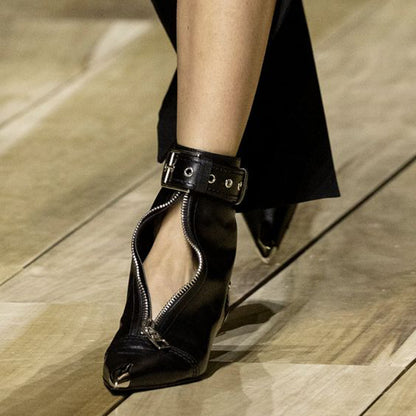 Black Pointed Toe 3__ Stiletto Heel Front-Zipper Ankle Boots