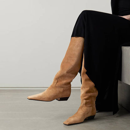 Khaki Vegan Suede Chunky Heel Knee High Boots with Square Toe