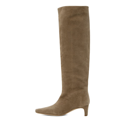 Taupe Square Toe Block Heel Pull-On Knee High Boots for Women