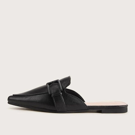 Black Pointed Toe Flats Buckle Mule Loafers for Women