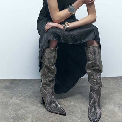 Silver Rhinestone Pointed Toe Chunky Heel Wide Calf Knee High Boots