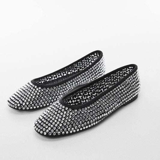 FSJ Black Round Toe Comfy Rhinestone Ballet Flats