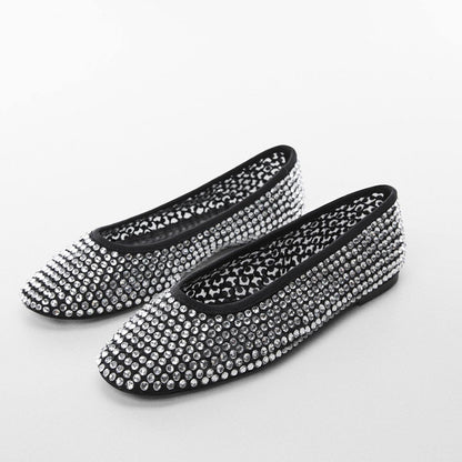 FSJ Black Round Toe Comfy Rhinestone Ballet Flats