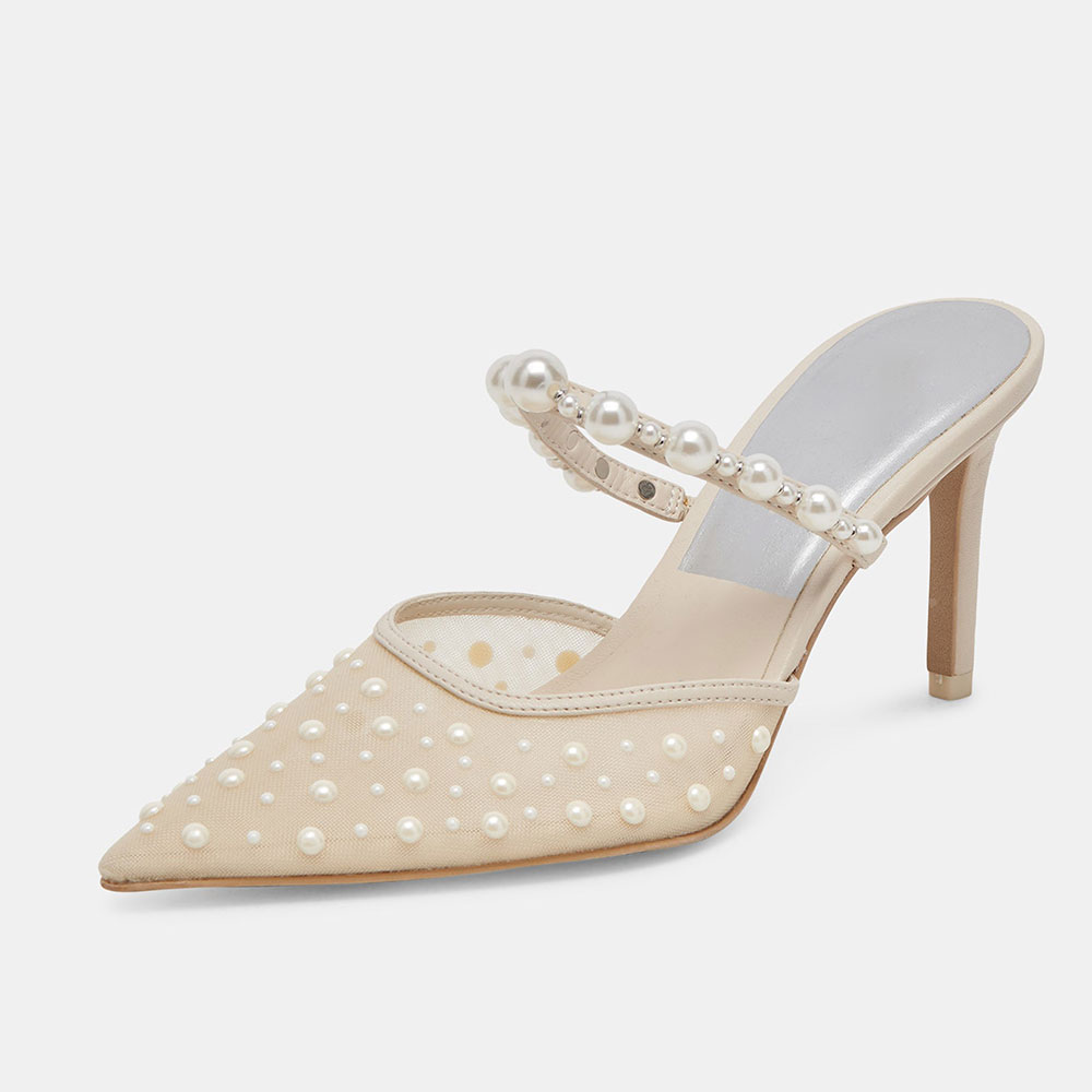 Beige Mesh Pointed Toe Pearl Embellished Wedding Shoes Mule Heels