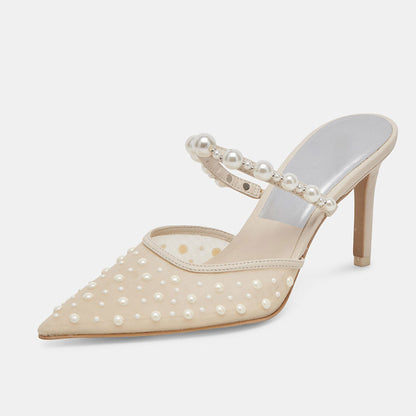 Beige Mesh Pointed Toe Pearl Embellished Wedding Shoes Mule Heels