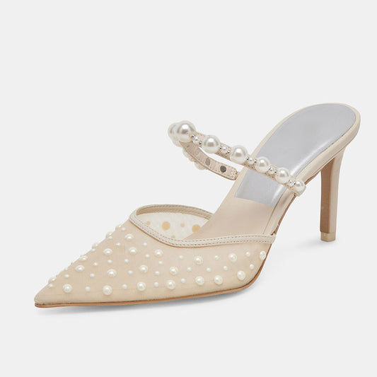 Beige Mesh Pointed Toe Pearl Embellished Wedding Shoes Mule Heels