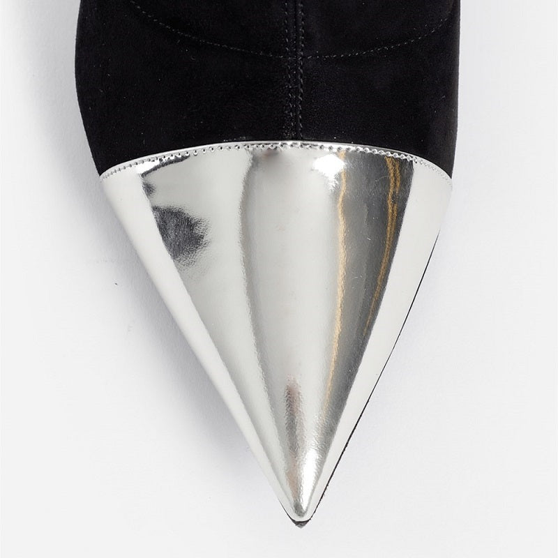 Black and Silver Pointed Toe Sculptural Heel Ankle Boots with Zip
