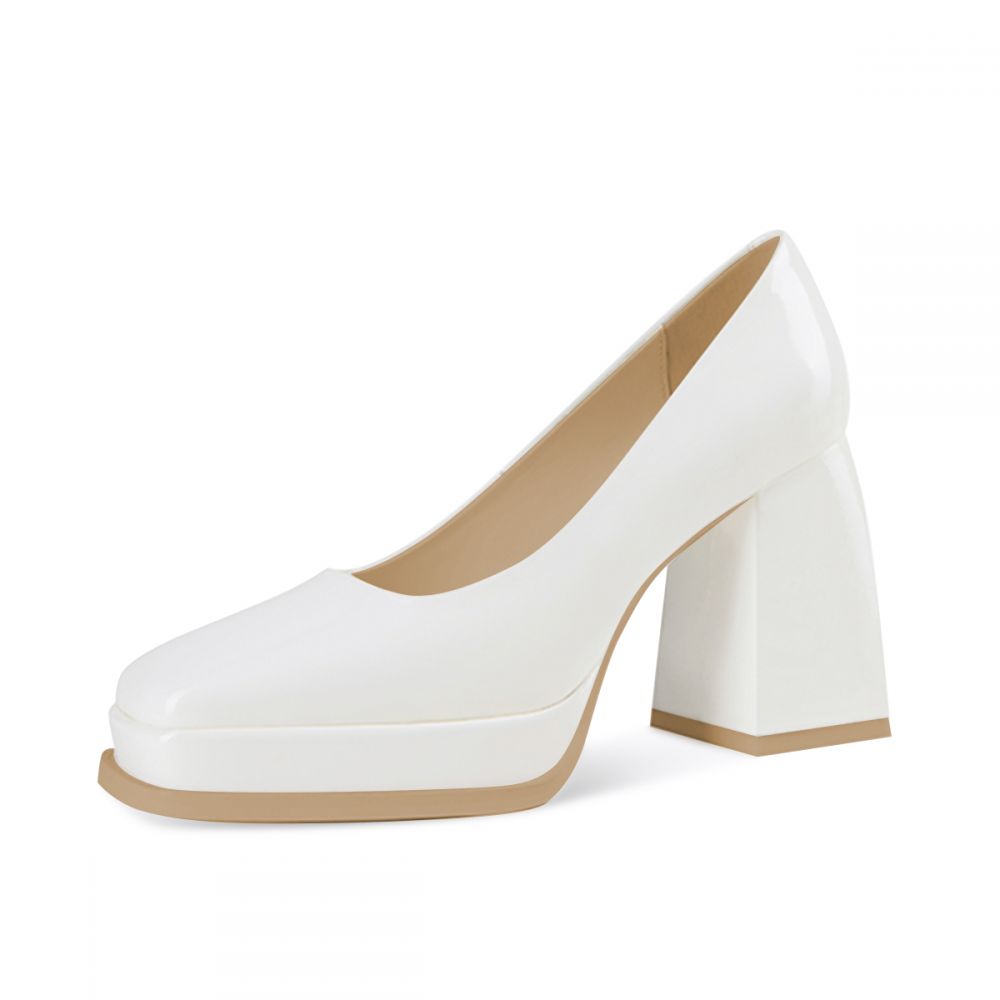Women's Patent Leather Square Toe Chunky Heel White Platform Pumps