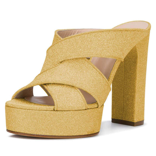 Yellow Glitter Platform Mules Peep Toe Chunky Heels
