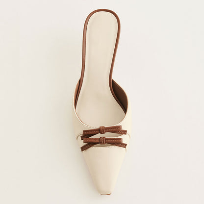 Beige Snip Toe Kitten Heel Double Bows Accent Womens Mules Shoes