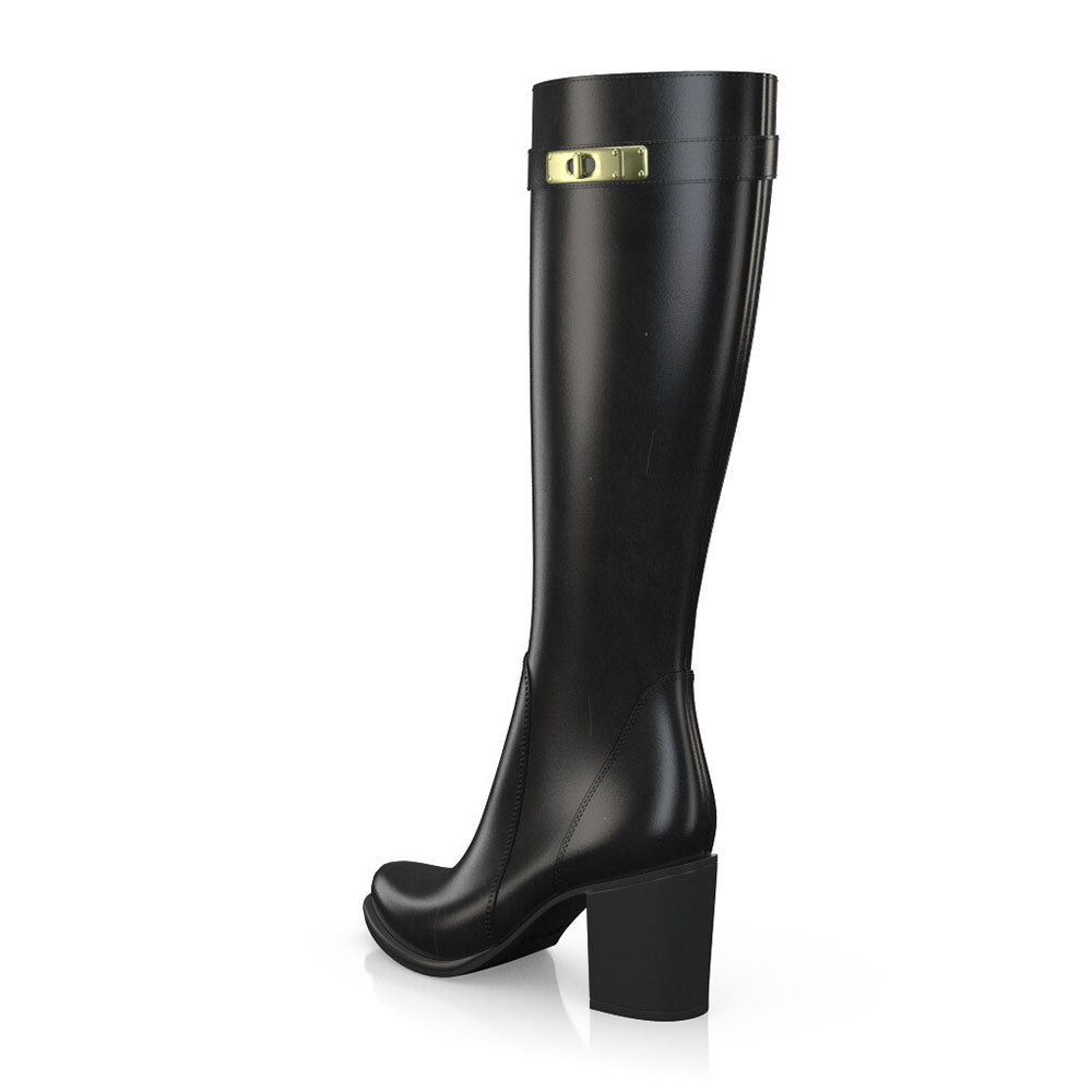 Black Round Toe Gold Metal Buckle Knee High Boots with Block Heels
