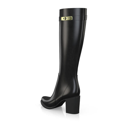 Black Round Toe Gold Metal Buckle Knee High Boots with Block Heels