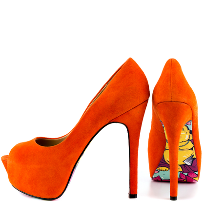 Women's Orange Stiletto Heels Peep Toe Print Outsole Platform Pumps