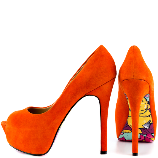 Women's Orange Stiletto Heels Peep Toe Print Outsole Platform Pumps